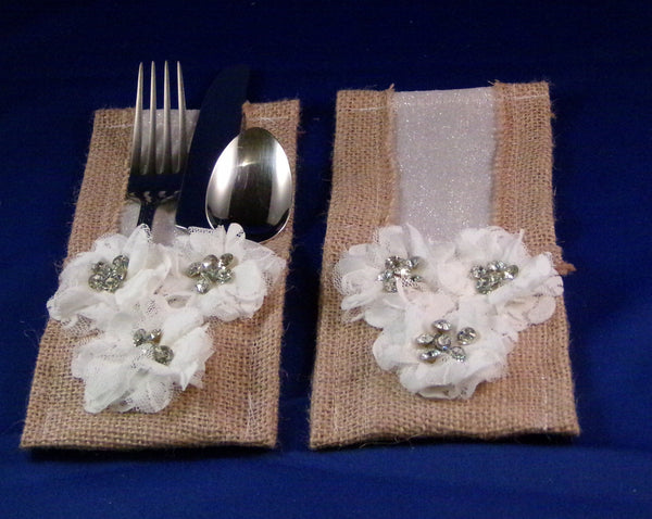 Utensil Holders - Silver Glitter White Lace Daisy Burlap - Set of Two