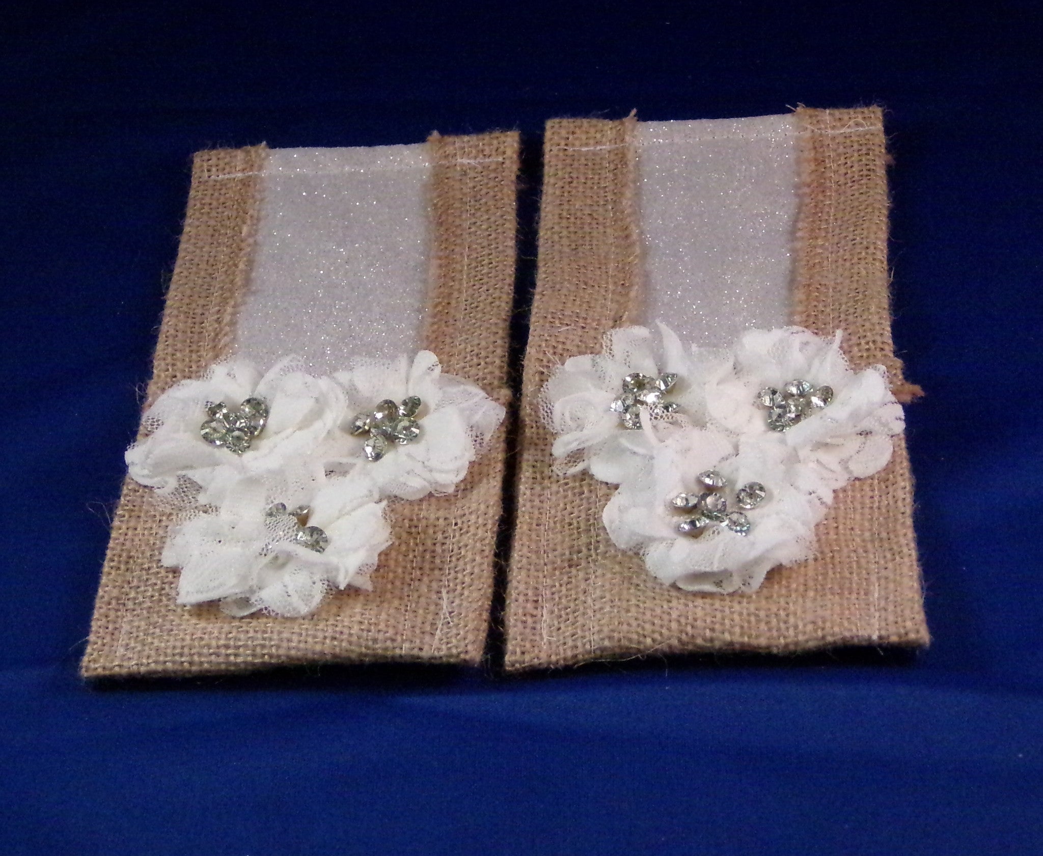 Utensil Holders - Silver Glitter White Lace Daisy Burlap - Set of Two