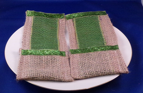 Utensil Holder - Burlap With Color Green - Set of Two