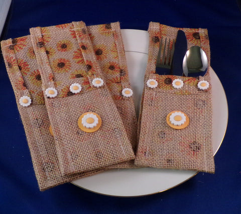 Utensil Holder - Sunflower Burlap - Set of Four